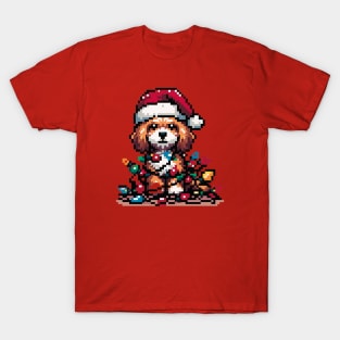 Cavapoo Tangled In Christmas Lights - Pixel Art T-Shirt